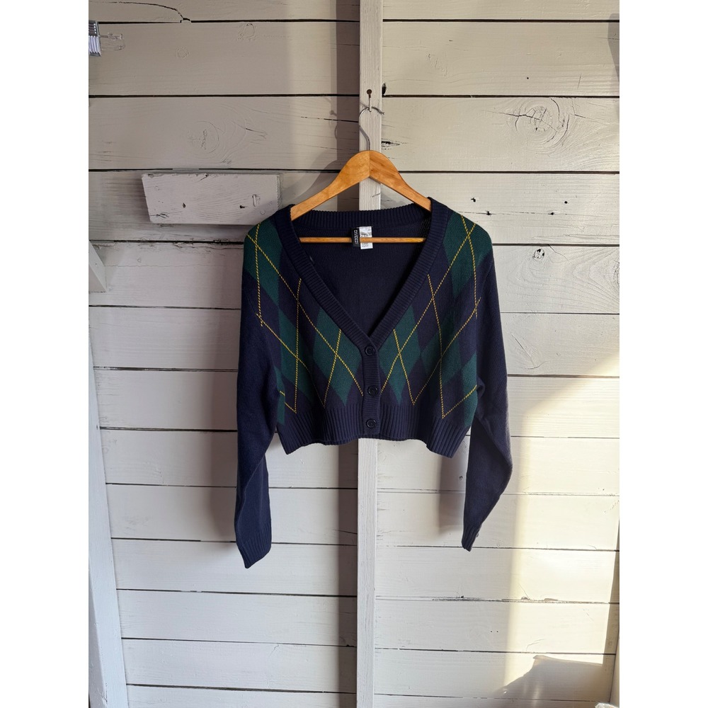 H&M Divided Argyle Cardigan Sweater Navy Blue Green Yellow Cropped V-Neck Medium